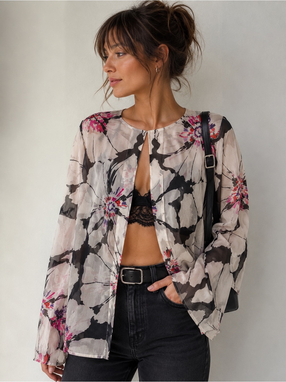 VTG Y2K Laura Ashley Sheer Silk Sequin ivory and black Floral Top Medium NWOT